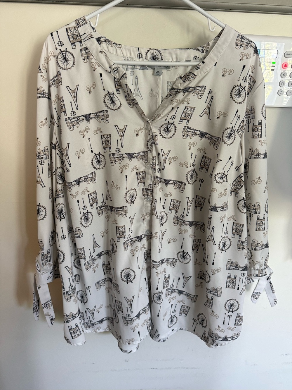 Catherines Cream Paris-Print V-Neck Button Blouse